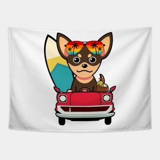 Cute small dog driving to the beach Tapestry