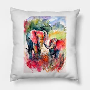 Colorful elephant with baby on the field Pillow