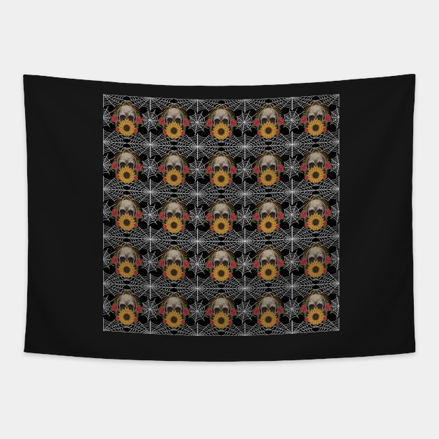 Halloween Skull Spider Web Sunflower Rose pattern Tapestry by PlusAdore