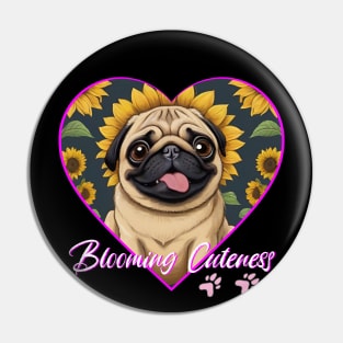 BLOOMING CUTENESS  PUG IN HEART SHAPE WITH SUNFLOWERS Pin