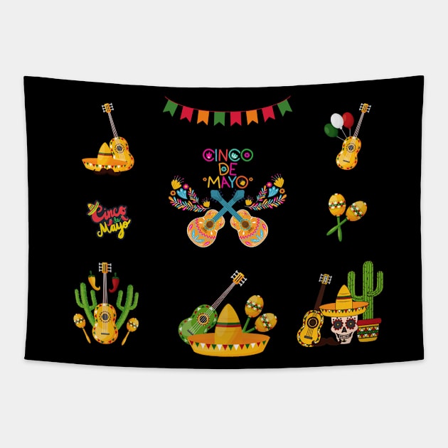 Cinco De Mayo Mexican Fest Celebrations with Guitar and Hola Bitchachos Set Logo Designs Value Pack Tapestry by IlanaArt