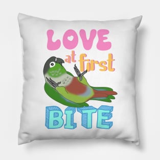 Love at first bite Green Cheeked Conure Funny Birb merch Parrot Kawaii Pillow