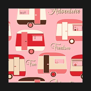 Repeat pattern of vintage caravans in retro colours on pink T-Shirt