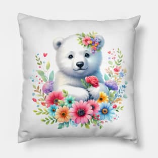 A polar bear decorated with beautiful colorful flowers. Pillow