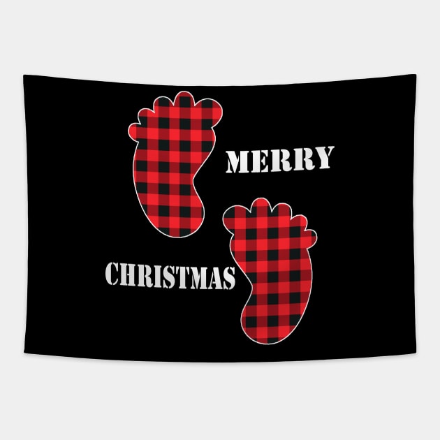 Merry Christmas Baby Feet Red Plaid Buffalo Tapestry by Nancie