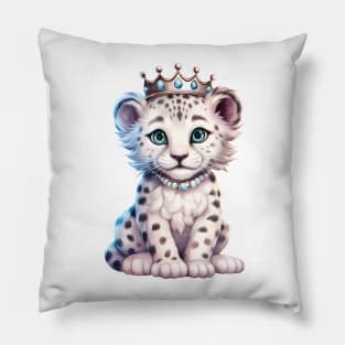 Watercolor Snow Leopard Wearing a Crown Pillow