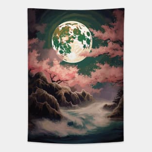 Moon Cherry Blossom Waves Japanese Landscape Vintage Art Tapestry