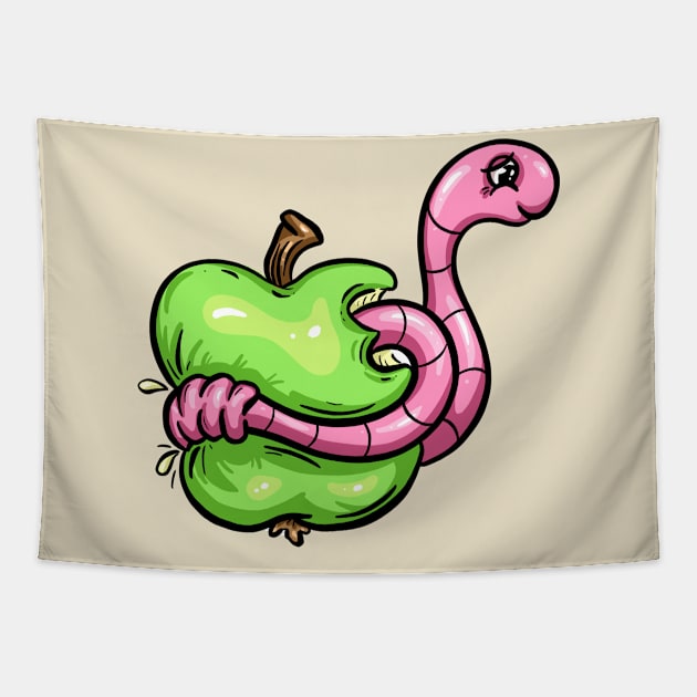 Worm in an Apple Cartoon Character Illustration Tapestry by Squeeb Creative