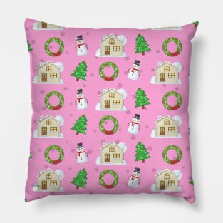 Christmas Pattern - Pink Background Pillow