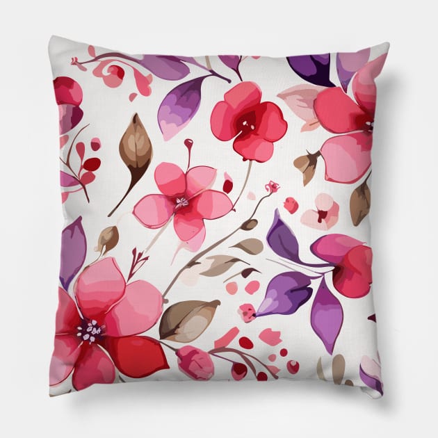 Pink Violet and Brown Floral Pattern on White Pillow by Siha Arts