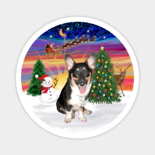 Santa's Sunset Take Off with a Tri Colored Welsh Corgi Puppy Magnet