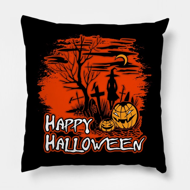 Happy Halloween Witch And Pumpkins Pillow by RadStar