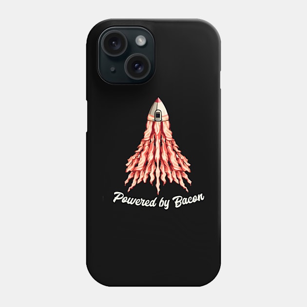 A rocket ship made entirely out of bacon strips and saying "Powered by Bacon." Funny Phone Case by T-shirt US