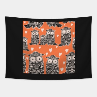 Folk Art Owls, Owlets and Hearts Pattern on Orange Tapestry