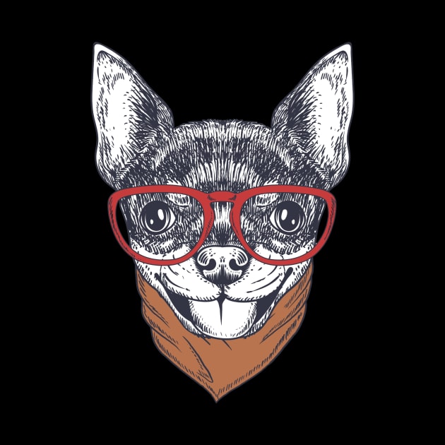 chihuahua dog hand drawn wearing a red glasses and bandana by windhamshop