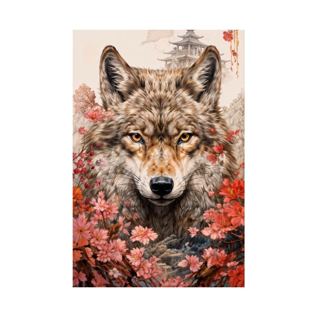 Red Flowers Wolf by berubettoart