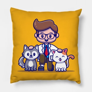 Veterinarian With Cat And Dog Cartoon Pillow