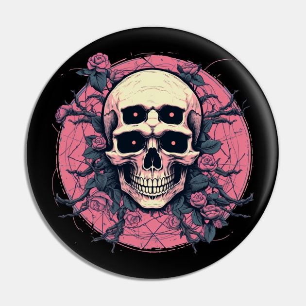 Psychedelic Skull With Roses and Pink Flowers Pin by TOKEBI