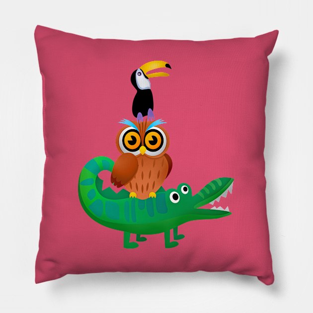 Tower animals crocodile owl toucan Pillow by Albi