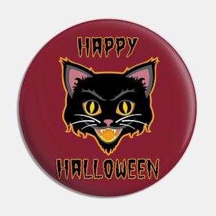 Vintage Happy Halloween Black Cat. On Red Pin