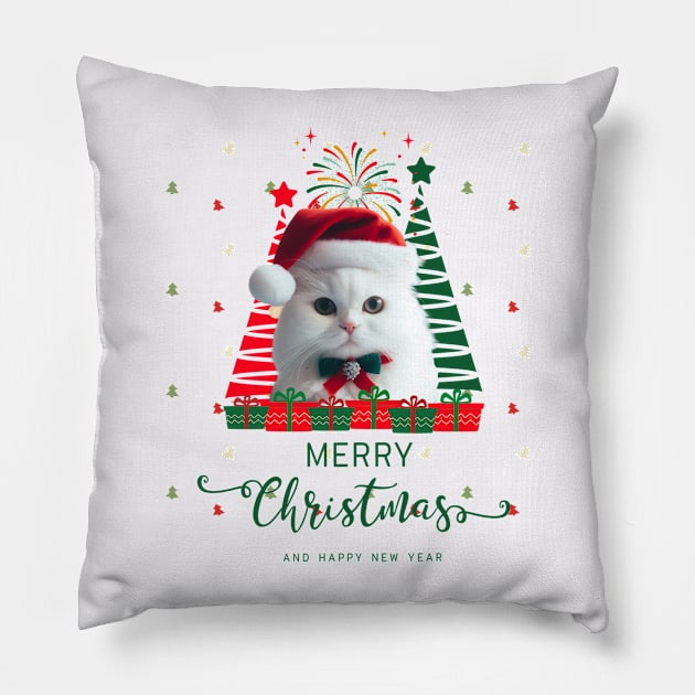 White cat in Santa hat with Christmas tree Merry Christmas and happy New Year,Brafdesign Pillow by Brafdesign
