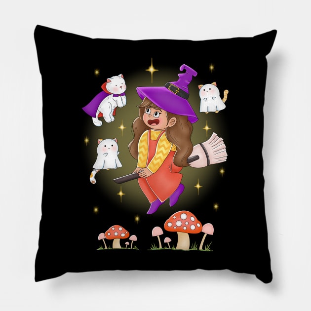 Cute Girl Flying With Cat Dracula And Ghosts Pillow by Athikan