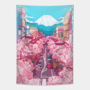 The Japanese Mount Fuji view and the pink spring in the city (soft colors) Tapestry