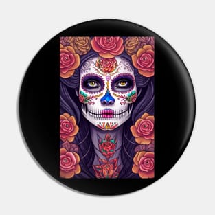 Woman in Colorful Sugar Skull Makeup Art Pin