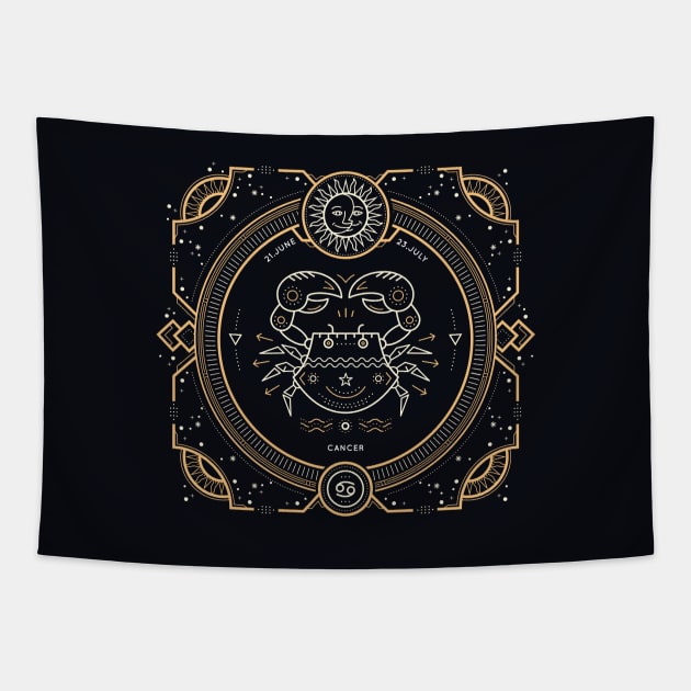 Cancer Zodiac Gold White on Black Background Tapestry by susannefloe