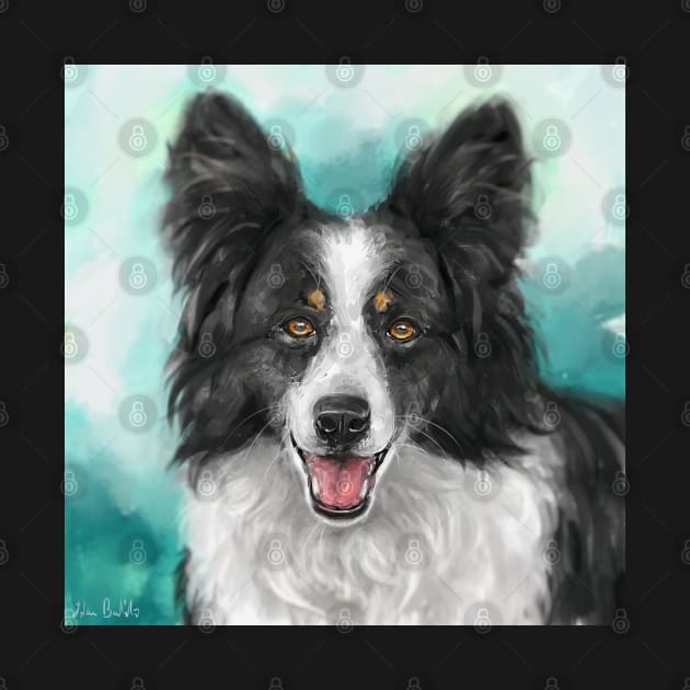 Painting of a Smiling Black and White Border Collie Dog on a Turquoise Background by ibadishi