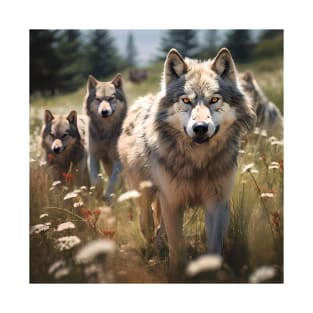 Wildlife: a pack of wolves wandering through a meadow T-Shirt