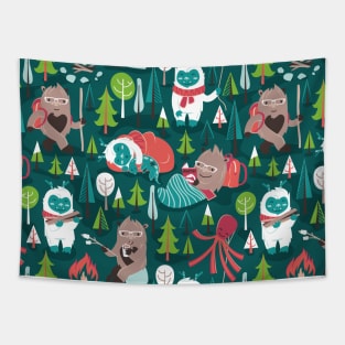 Besties // pattern // green background white Yeti brown Bigfoot aqua yellow green and teal pine trees red and coral details Tapestry