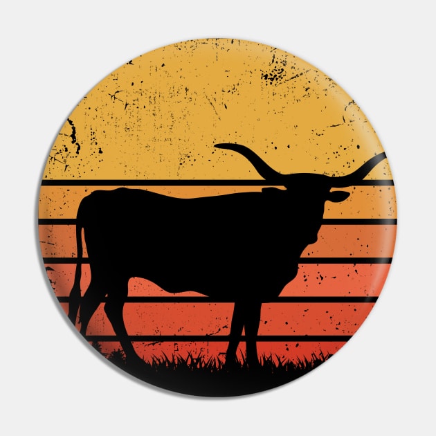 Texas Longhorn Cattle Retro Sunset Pin by TigerTom