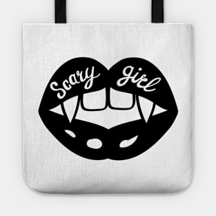 Gothic woman lips with Scary girl lettering. Vampire fangs in black mouth Halloween Bloody kiss jaws mohochrome illustration. Tote