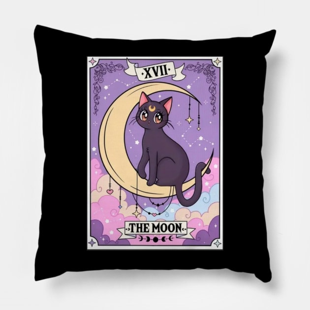 Japanese anime cat sitting on a crescent moon Pillow by LukjanovArt