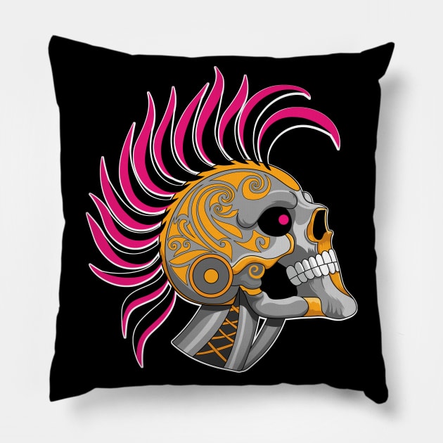 Tattooed Robot Skull with Pink Mohawk Pillow by Designs by Darrin