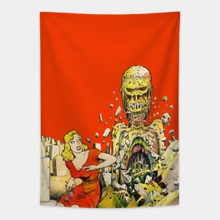 The living dead comes out of the grave in the cemetery and scares the beautiful blonde Retro Vintage Comic Book Tapestry