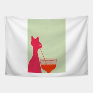 Sipping Kitty Retro Poster Vintage Art Cocktail Wall Orange Pink Illustration Tapestry