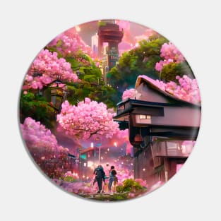 Japanese Sakura Flower Street of Garden World of Cherry Pink Blossoms Pin