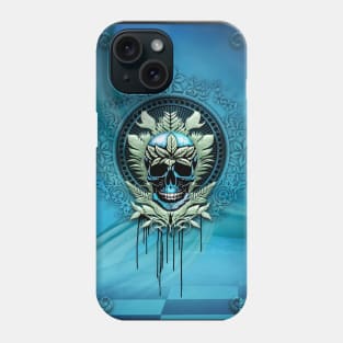 Elegant decorative blue skull with leaves Phone Case