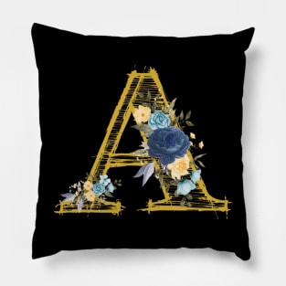 Monogram Letter C In Metallic Gold With Aesthetic Blue Flowers Botany Black Background Pillow