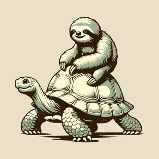 Slow Ride Adventure: Retro Sloth and Turtle T-Shirt