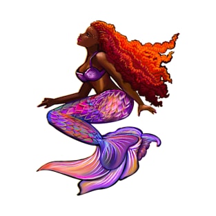 Black African American mermaid with flowing Afro red hair locs women girls Black Mermaid T-Shirt