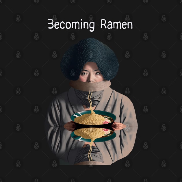 Becoming Ramen No. 2 -- Asian woman eating a bowl of ramen noodles wearing a stylish avant-garde hat  on a Dark Background by Puff Sumo