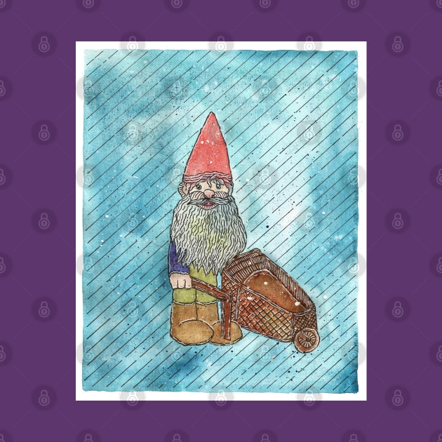 Snowy Garden Gnome With Wheelbarrow by Maries Papier Bleu