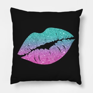 Bright Teal Pink Ombre Faux Glitter Lips Pillow