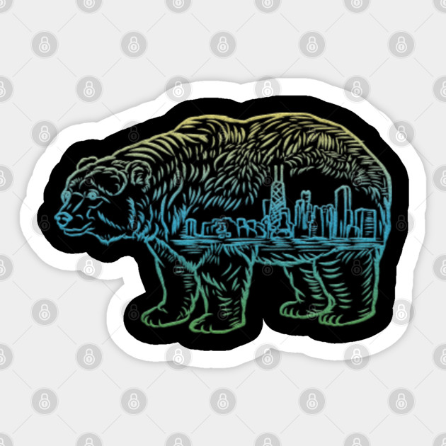 Downtown Chicago City Skyline Walking Bear Silhouette - Chicago Bears - Sticker