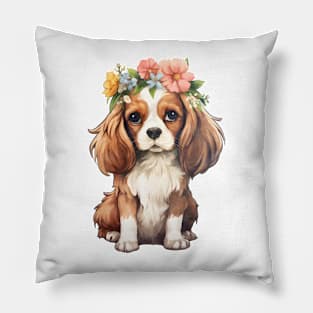 Watercolor Cavalier King Charles Spaniel Dog with Head Wreath Pillow