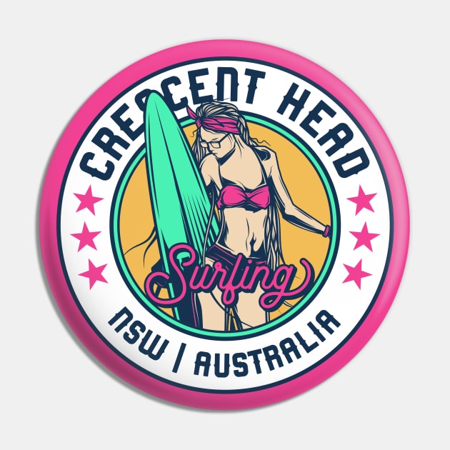 Retro Surfer Babe Badge Crescent Head NSW New South Wales Australia Pin by Now Boarding