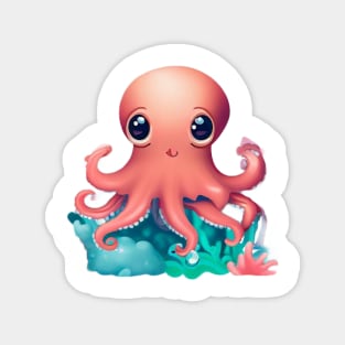 adorable pink octopus with coral reef Magnet